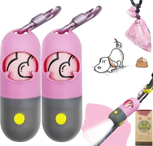 Dog Poop Waste Bags Holder with LED Flashlight|Cute Doggie Poo Bags Dispenser for Pet Leash|Trash Waste Bags Carrier with Potty Bags Clip Fastener LR44 Button Cells Included(2 Pack) (Pink)