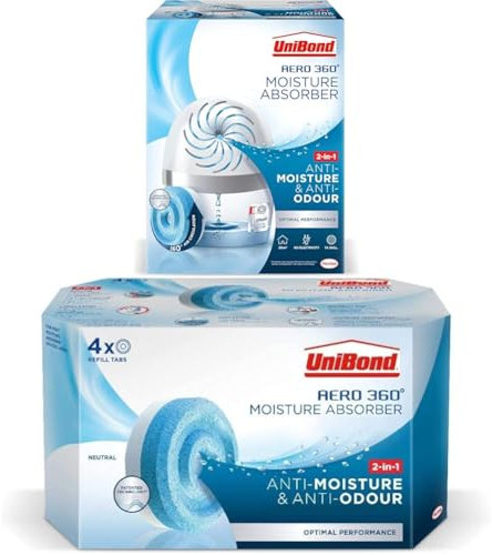 UniBond AERO 360º Moisture Absorber, 1 Device incl. 1 Refill Tab 450g + UniBond AERO 360° Moisture Absorber Neutral Refill Tab, Condensation Absorbers, 450 g ( Pack of 4)