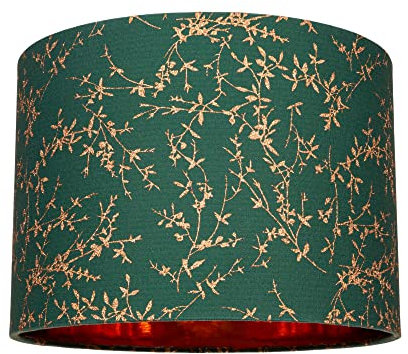 Modern Deep Forest Green Cotton Fabric 10 Lamp Shade with Copper Foil Floral Decoration Suitable for Table or Ceiling Usage | 25cm Diameter | 60w Maximum by Happy Homewares