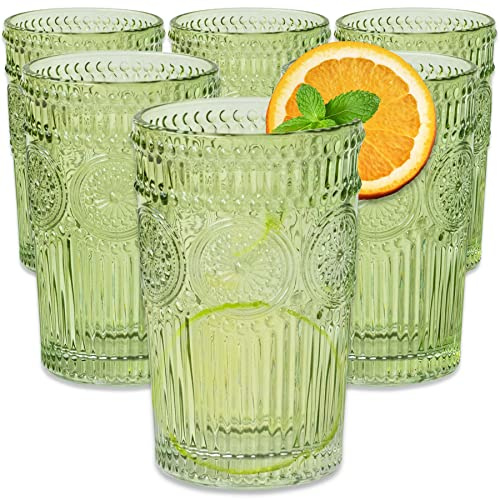 Kate Aspen Vintage Ribbed Green Drinking Glasses Set of 6-13 oz Colored Embossed Glass Cups for Water, Iced Tea, Cocktails - Perfect Holiday Drinkware, Christmas Entertaining & Gift Set