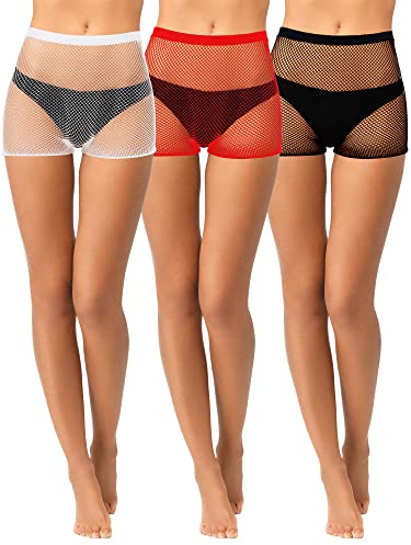 Geyoga Lot de 3 shorts en résille pour femme - Short de cyclisme en maille transparente - Taille haute - Short élastique pour yoga