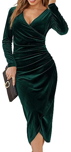 XIVISTO Cerimonia Abito da Donna in Velluto Lungo Elegante Vestito con Scollo a V Maniche Lunghe Vintage Bodycon Feste Vestito da Cocktail Natale Autunno Inverno