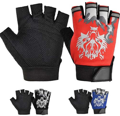 CubePlug Guanti mezze dita per bambini, ragazzi e ragazze, per ciclismo, arrampicata, con imbottitura in gel, senza dita, per BMX [SPI] (Red Wolf, XL)