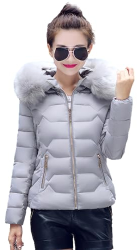 ANUFER Donna Moda Piumino Trapuntato vestibilità Slim Inverno Cappotto Corto con Cappuccio in Pelliccia Sintetica