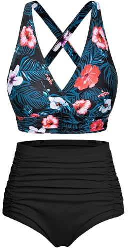 Voqeen Bikini med hög midja push-up baddräkt V-ringad korsade rynkade badkläder med magstöd, tvådelat badkläder, Blomma röd grön, S