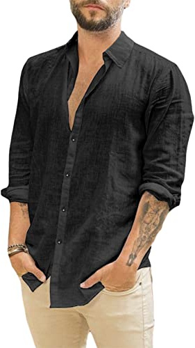 Runcati Camicia da Uomo a Maniche Lunghe in Lino con Colletto rovesciato, Camicia Casual da Lavoro, Camicia Estiva, Nero, XXL
