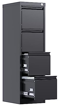 Super Metal Vertical File Storage Cabinet with Lock, 4 Drawer, Office/Home Steel File Cabinet for Letter/Legal Size, H133cm*W38cm*D45cm, Assembly Required (Black)