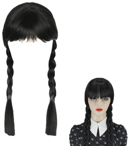 Peluca Larga Negra Trenzada de Miercoles Addams con Flequillo, para Halloween, Carnaval y Fiesta Cosplay