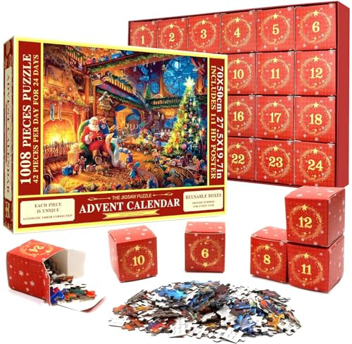 KAHEIGN Calendario Dell'avvento 2025, Conto Alla Rovescia di Natale di 24 Giorni con 1008 Pezzi Babbo Natale Albero Puzzle Giocattoli per Bambini Natales Regali Festa Decorazione Bomboniere