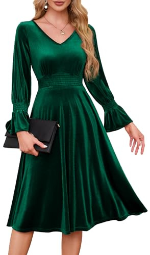 Meetjen Abito midi da donna in velluto con scollo a V a maniche lunghe elastico in vita abito smock eleganti abiti da cocktail 2024, verde scuro, L