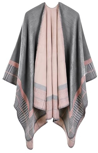 BORDEAG Poncho Dam Vinter Cape Stickning, Varm Elegant Kappa för Flicka, Festliga Presenter - Grårosa, L