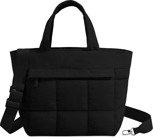 VASCHY Tote Bag Mujer Acolchada Pequeña, 28 x 15 x 27 cm, con Múltiples Bolsillos y Correa Desmontable, para Shopper Diario y Universidad, Negro