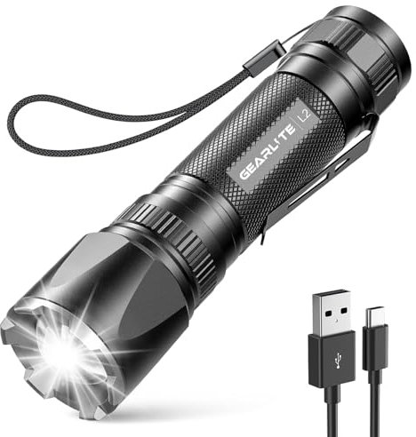 GEARLITE LED Torch Rechargeable, 3500LM Torches LED Super Bright with Clip Adjustable Focus, 3 Lighting Modes Waterproof Small Torch for Power Cuts, Emergency, Camping, Hiking, Outdoor