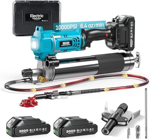 Seesii Ingrassatore a Batteria: 6,4 oz/min 10000 PSI Efficienza Pistola per Grasso Elettrica, 2* Batteries 2000 Ah e Caricabatterie, Tubo Flessibile da 39,4”,Progettata per Macchinari Pesanti