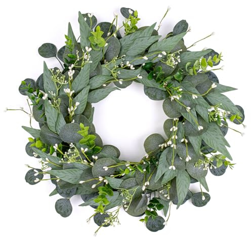 VioletEverGarden 20 Inch Green Wreaths for Front Door Artificial Eucalyptus Wreath Greenery Wreath with Berry for All Seasons Home Wall Window Decorations