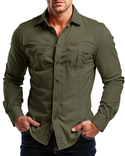 Misfuso Chemises Homme Manches Longues Randonnée Cowboy Extérieur | Col Classique Tenue Tactique Usage Extérieur Travail Look Safari Uni et Décontracté 2 Poches