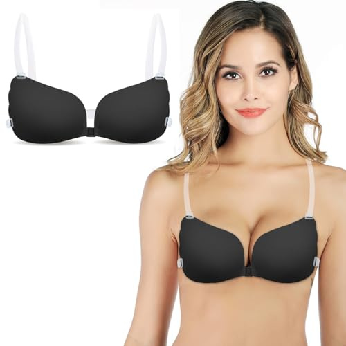 DiiWmme Sticky Backless Push Up Bra 1 Pack, Reusable Invisible Self Adhesive Bra for Women, Strapless Bra with Removable Clear Straps, Perfect for Wedding Backless Dresses(Black, D)