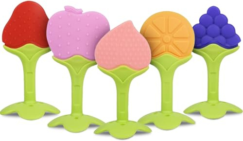 Vicloon Mordedor Bebes Refrigerante,5 Pcs Mordedores Bebes de Silicona Natural BPA Gratis Natural,Juguetes DenticiónAliviar El Dolor De Encías,con Cepillo de Dientes para BeBés