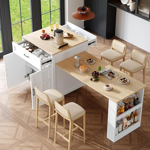 Bladez Kücheninsel mit Rollen, Ausziehbarer Esstisch mit Abnehmbarer Tischplatte, Bartisch mit Stauraum Schubladen und Vier Fächern, Sideboard für Küche und Esszimmer (Weiß-D)