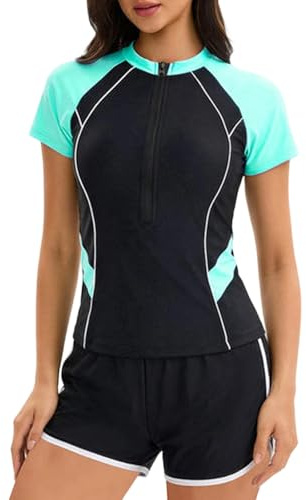 Dam Rashguard baddräkt med halv dragkedja, korta ärmar, färgblock, design inklusive badbyxor, tvådelad tankini för simning, pool, strand, semester