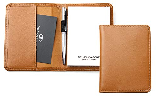 DELMON VARONE - Personalisierbares Notizblock Etui DIN A7 aus Boxcalf Premium Leder braun, Reporterblock im Lederetui mit Mini Kugelschreiber, Stiftschlaufe, Einschubfach und Notizblöcke