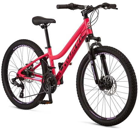 Schwinn High Timber ALX Mountain Bike for Youth Boys Girls, 24-Inch Wheels, 21-Speeds, Front Suspension, Aluminum Frame, Mechanical Disc Brakes, Coral