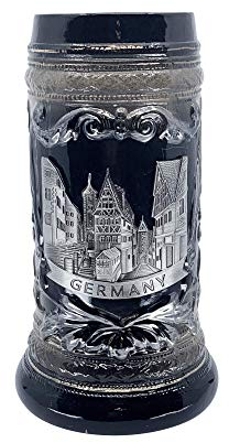 Essence of Europe Gifts E.H.G 1 Liter | Oktoberfest Haus German Rothenburg Beer Stein With Metal Emblem - Charcoal Black Bier Krug Ceramic Stein Mug Tankard - Beer Lover Gift Engraved