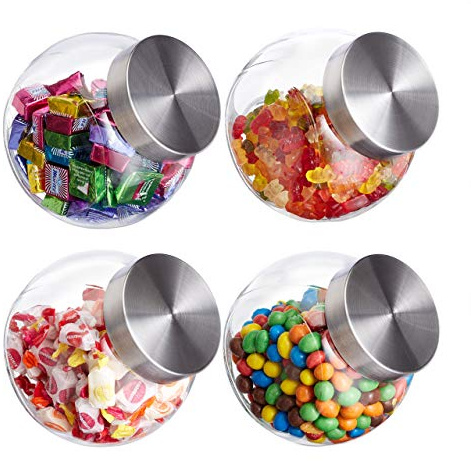 Relaxdays Bonbonnière Jeu de 24,1,5 l, Verre Stockage de sucreries, de provisions, Couvercle Acier Inoxydable