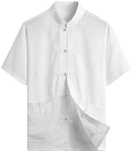 G-LIKE Herren Sommer Kleidung Hemd – Traditioneller Chinesischer Tang Stil Shirt Kampfkunst Kung Fu Tai Chi Trainingskleidung Freizeithemd Bestickte Kurzärmelige Tops für Männer (Weiß, XL)