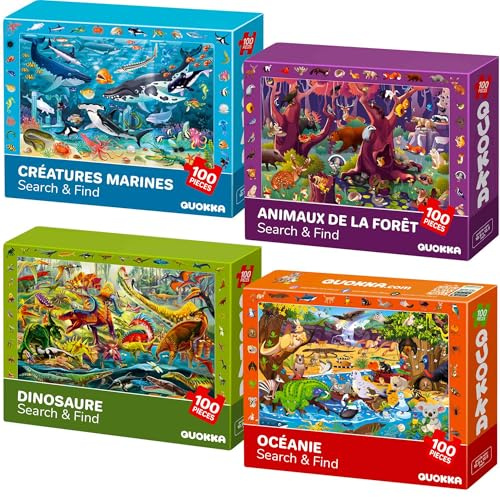 QUOKKA Kids Puzzles For 3 4 Year Olds - 4x100 Piece Jigsaw Puzzles For Children Age 5-8 - Jigsaw Toys for Learning Sea Wild Animals & Dinosaurs - Educational Girls & Boys Game Age 6 7