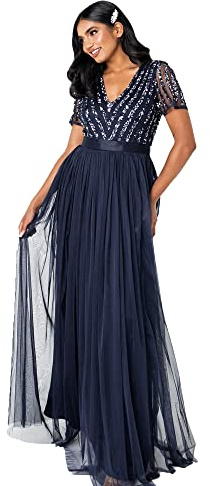 Maya Deluxe Maya Berry Embellished Halter Neck Maxi Dress Robe de Demoiselle d'honneur, bleu marine, 48