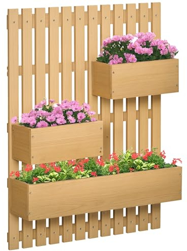 Outsunny Fioriera Verticale a Doghe con 3 Vasi Rimovibili e Fori di Drenaggio, Orto Rialzato da Esterno in Legno di Abete, Montaggio a Parete, per Piante, Fiori e Verdure, 60x16x80 cm, Color Legno