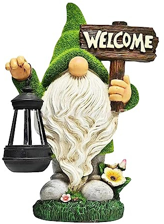 Meagkka Garden Gnome Statue Outdoor Decor Large Flocked Resin Gnome Figurine with Solar Light Holding Lantern Welcome Sign Garden Yard Decorations Dwarf Sculpture for Outside Patio Porch Lawn Decor.