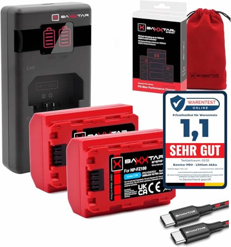 Baxxtar Set: 2X NP-FZ100 batteri 2600mAh med PD laddare USB-C, LCD QC/PD | Snabbladdning från 20W nätadapter, kompatibel med Sony Alpha A6600 A6700 A7 A9 FX3 FX30