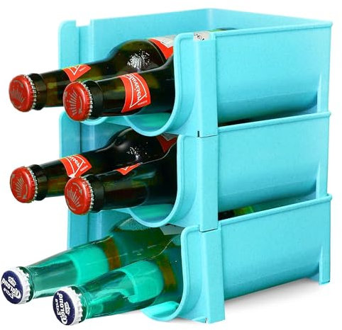 ASAB Stackable Water Bottle Organizer for Cupboard Freezer Pantry - Soda Can Holder for Kitchen Countertop Shelf Bar Beverage Storage Rack (Blue, Pack of 3)