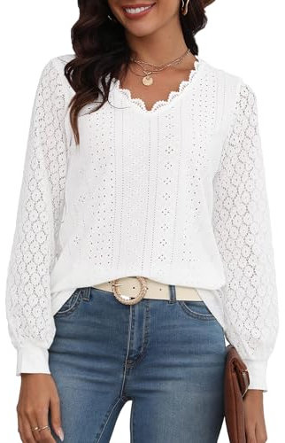 Hount Damen Oberteil Spitze Elegant Chiffon Modern Bluse Frühling Lace Langarmshirt (L, Weiß)