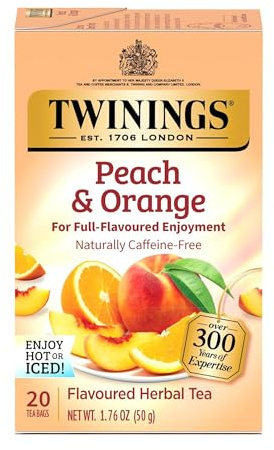 Twinings Peach & Orange Herbal Tea Individually Wrapped Bags, 20 Count (Pack of 1), Juicy & Fruity, Naturally Caffeine-Free, Enjoy Hot or Iced