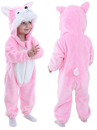 Doladola unisex baby med huva tecknat djur sparkdräkt småbarn overall baby outfit spädbarn pyjamas(4-5 år,Rosa husky)