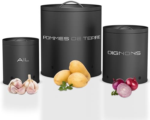 KOOK TIME Juego 3 caja para guardar patatas, cebollas y ajos - Almacenaje Cocina - Con orificios de ventilación - Mantiene verduras frescas más tiempo - Botes Cocina - Negro Mate