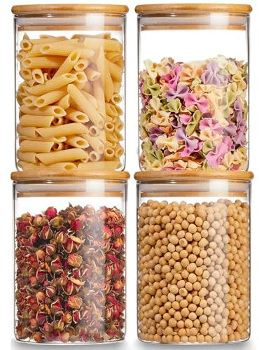 Glass Storage Jars with Lids High Borosilicate Glass Clear Airtight Food Storage Container Jar with Sealing Lid, Tea, Coffee Beans, Flour, Candy, Cookie, Spice, Cereal (750ML/4PCS)
