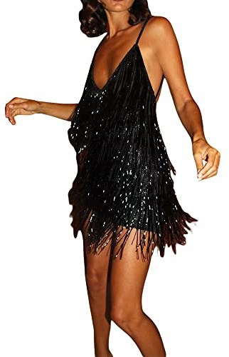 Fiacafyo Sparkly Tassels Fringe Bodycon Sequins Slip Mini Dress Deep V Neck Backless Sleeveless Party Dress (B-Black, S)