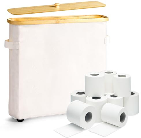 Bingyouth Cesta de Almacenamiento de Papel Higiénico con Tapa y Asa, Organizador de Papel Higiénico de Bambú, Contenedor de Almacenamiento de Papel Higiénico para 12 Rollos de Papel Higiénico Beige