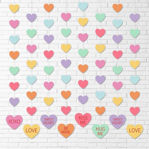 12 Pcs Valentines Day Conversation Candy Heart Hanging Banner Decorations Paper Colorful Heart Pre-String Garlands Pendant for Valentine's Sweet Day Wedding Anniversary Birthday Party Supplies