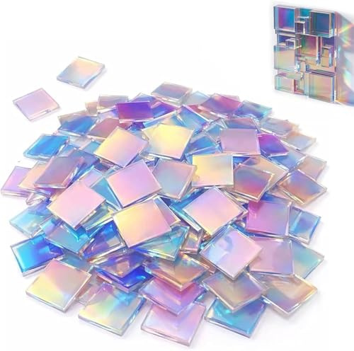100 st regnbågsfärgade holografiska akrylmosaikstenar för pyssel, 2 x 2 cm iriserande akrylkvadrater, kvadratiska skimrande holografiska mosaikplattor för tallrikar, bildramar, blomkrukor och