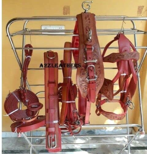 SHOWMEN CRAFT Designer Natural Red Color Leather Carved Driving Harness for Single Horse Cart in 4 Size (Full)