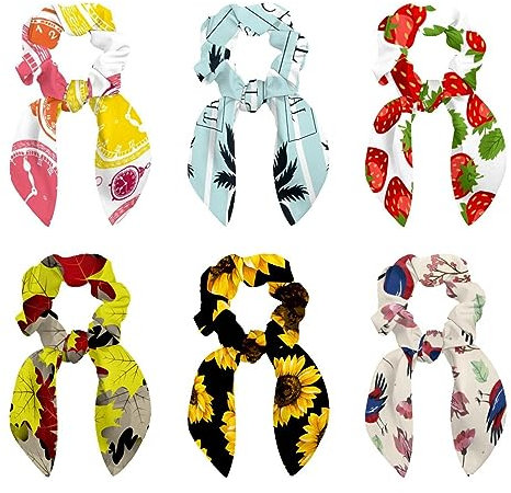 6 Pcs Hair Scrunchies -Tropical Palm Print Hair Scarf Scrunchy with Ribbon Bow, Elastic Hair Ties Ponytail Holders for Women Teenage Girls