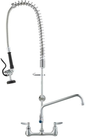 VEVOR Commercial Faucet with Pre-Rinse Sprayer, 36 Height, 8 Center, 12 Swing Spout, Wall Mount Kitchen Sink Faucet, Brass Constructed Device with Pull Down Spray, for 1/2/3 Compartment Sink