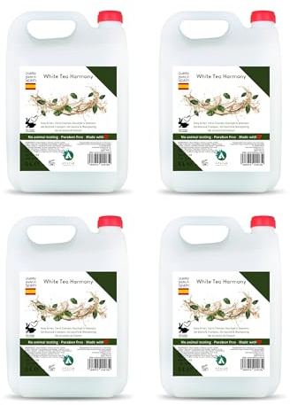 Pack 4 garrafas 5L gel de ducha y champú 2 en 1 White Tea Harmony - total 20 L - higiene corporal y capilar con aroma té blanco - uso intensivo en hoteles, gimnasios, colegios y alojamientos - Vitacab