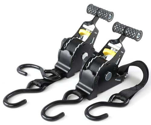 Retractable Ratchet Tie Down Straps (2-Pack) Heavy Duty Auto-Retract 680kg Max Break Strength(1500lbs),3m x 25mm, Includes (2 x self retracting strap with handle/hooks) for Car,Trailer,Cargo