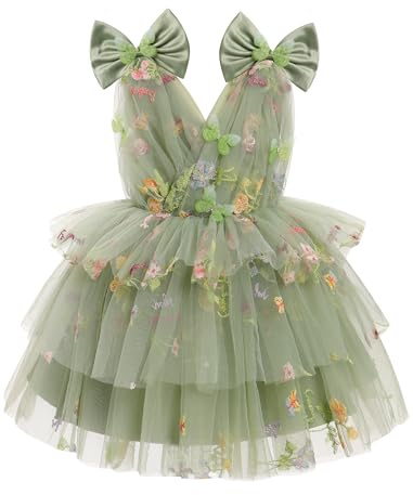 IDOPIP - Vestido de niña con mariposas 3D, cuello en V, de tul, tutú, princesa arcoíris, formal, para fiesta sin mangas, de malla, pastel esponjoso, para dama de honor, verde amarillo, 3-4 Años